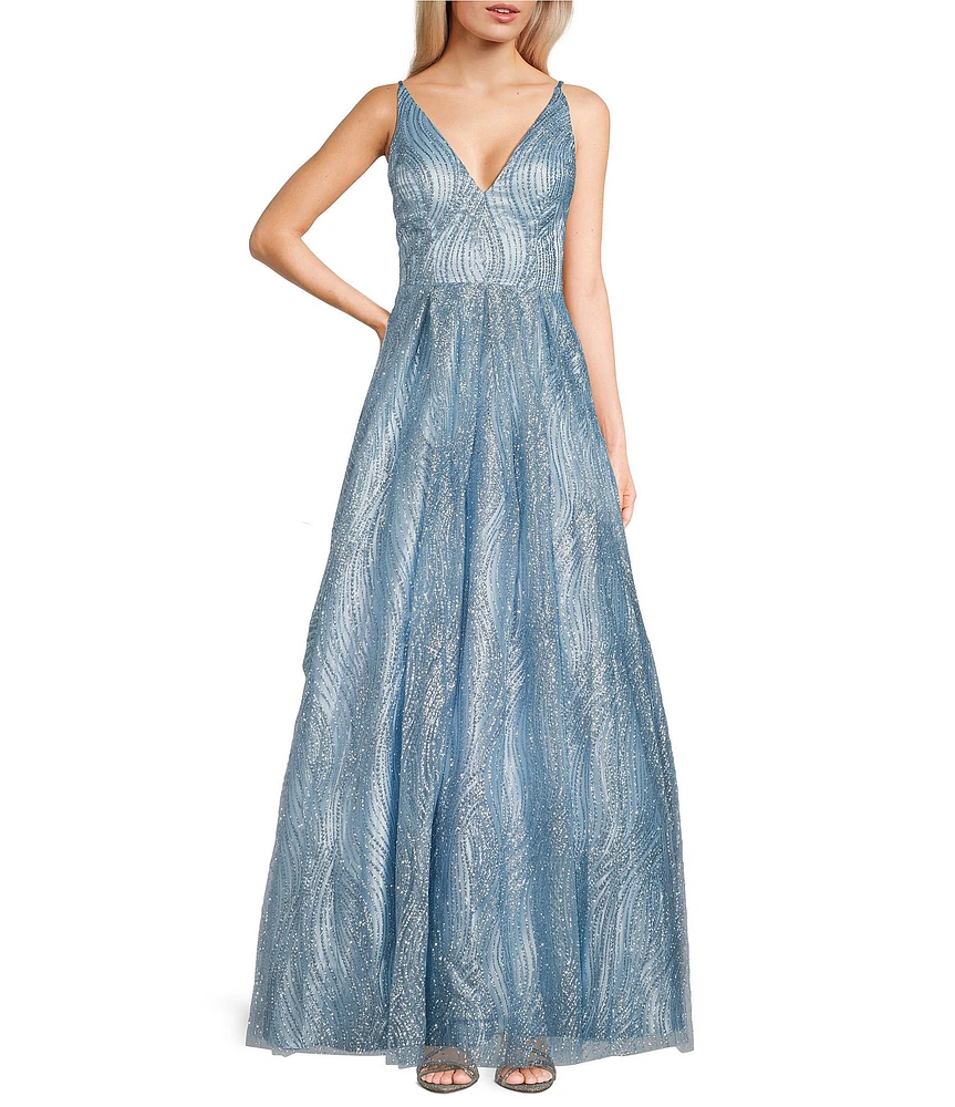 Blondie Nites Glitter Mesh Dot Print V-Neck Sleeveless Tie Back Gown
