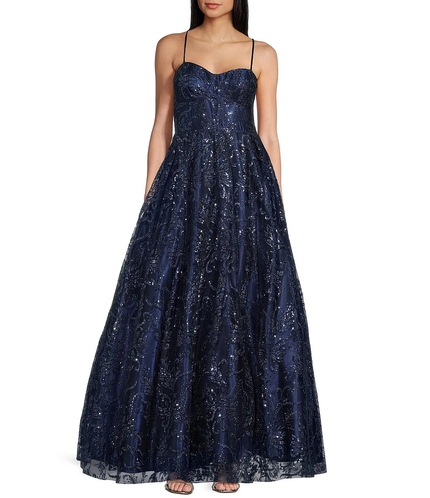Blondie Nites Glitter Mesh Leaf Print Sweetheart Neck X-Back Tie Back A-Line Ball Gown