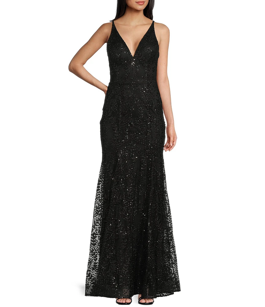 Blondie Nites Glitter/Sequin Mesh Leaf Print V-Neck Tie Back Long Gown
