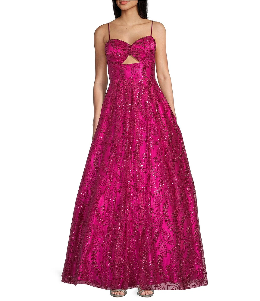 Blondie Nites Glitter Mesh Twist Front Cut Out Spaghetti Strap Tie Back Gown