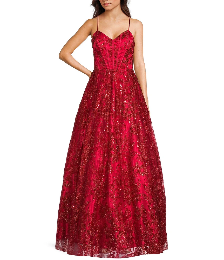 Blondie Nites Glitter Pattern V-Neck Spaghetti Straps Corset Tie-Back Gown