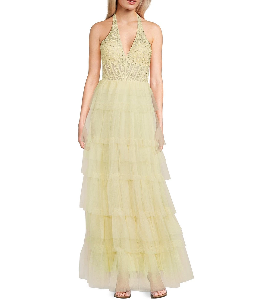 Blondie Nites Mesh Beaded Applique Halter Neck Tiered Gown