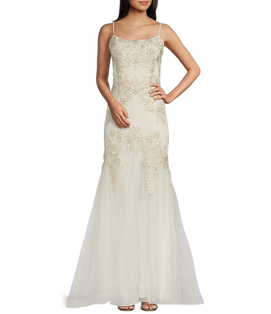 Blondie Nites Mesh Illusion Applique Scoop Neck Spaghetti Strap Tie Back Gown