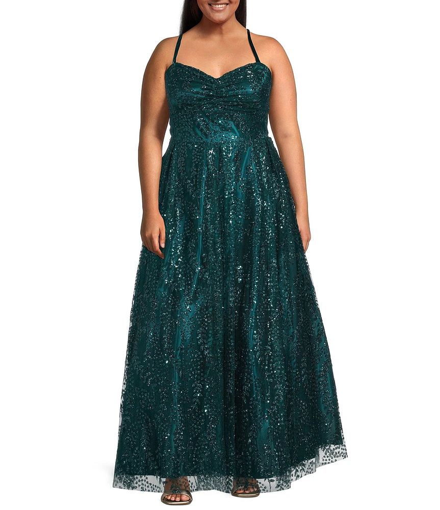 Blondie Nites Plus Size Glitter Dot Pattern Sweetheart Neck Pinch Front Spaghetti Strap Tie Back Ballgown