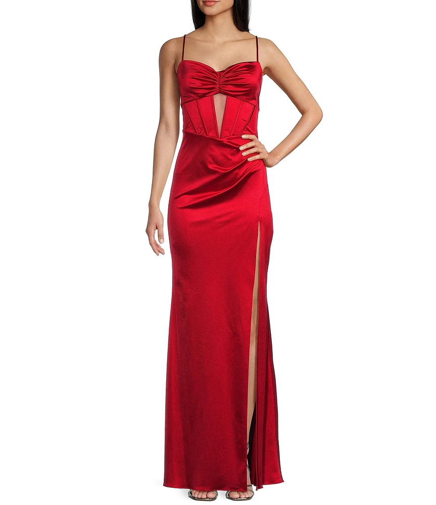 Blondie Nites Power Sateen Pinch Neckline Spaghetti Strap Keyhole Corset Dress