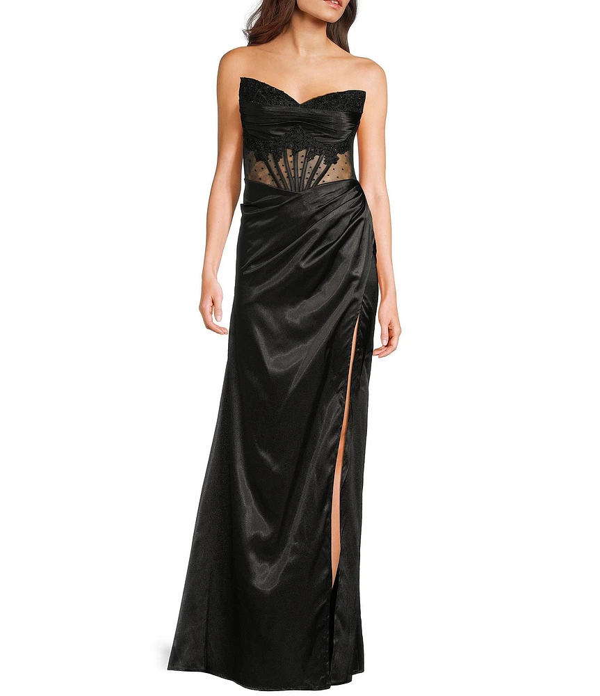 Blondie Nites Satin Illusion Applique Strapless Corset Pleated Tie Back Gown