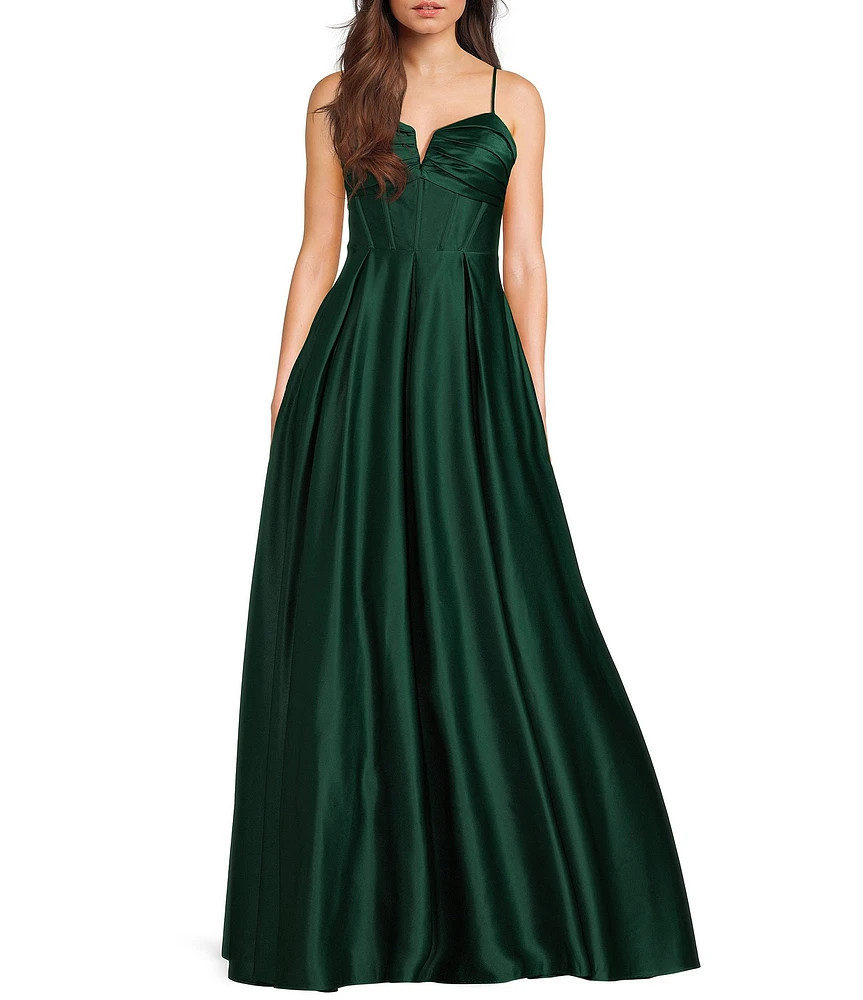 Blondie Nites Satin V-Notch Front Spaghetti Strap Tie Back Gown