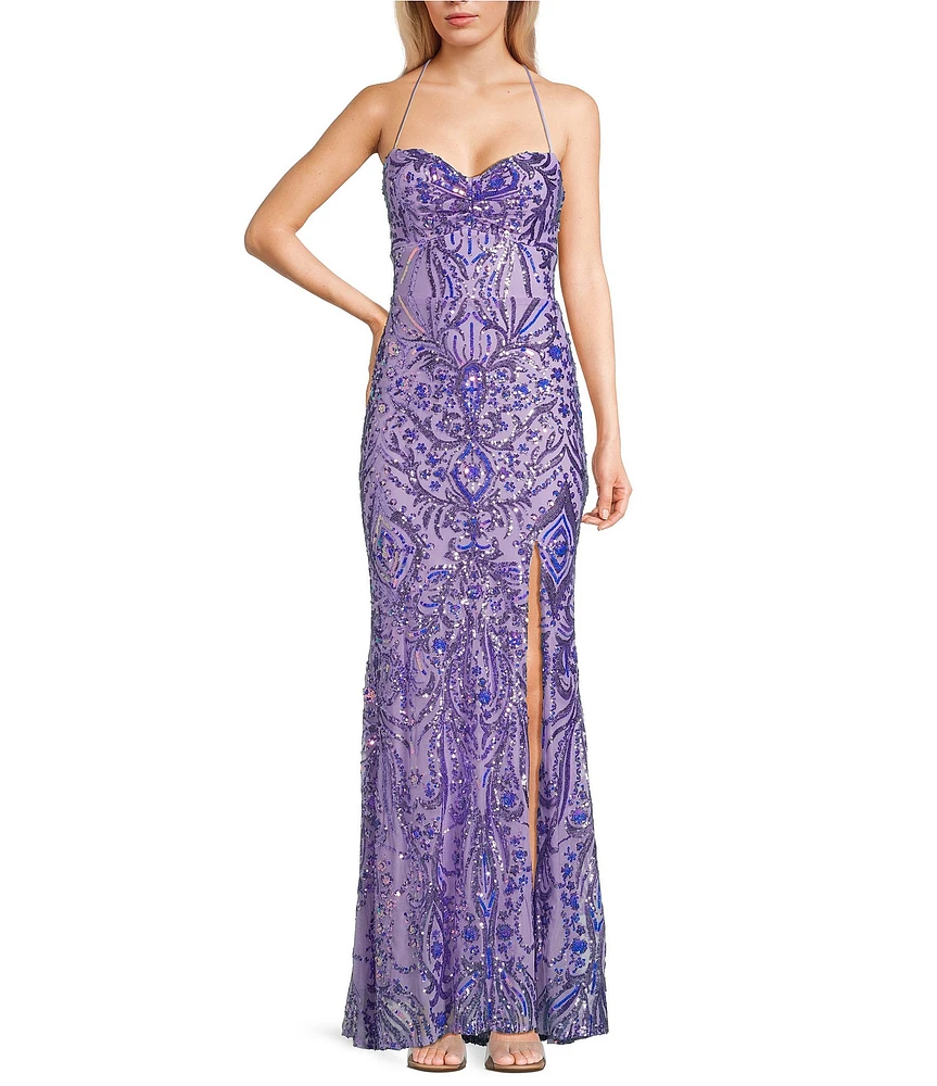Blondie Nites Sequin Pattern Pinch Front Spaghetti Strap Tie Back Gown