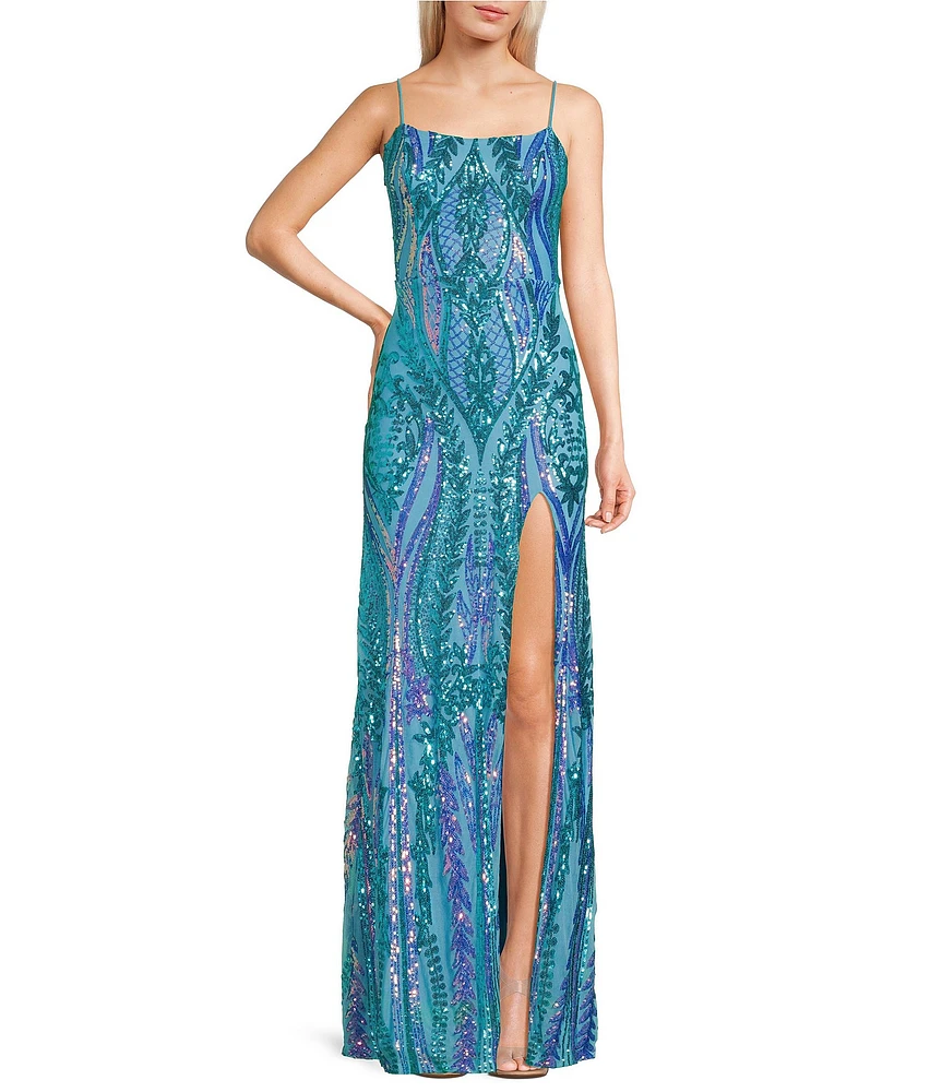Blondie Nites Sequin Pattern Scoop Neck Spaghetti Strap Front Slit Tie Back Gown