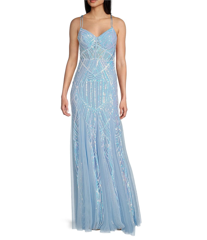 Blondie Nites Sequin Pattern Sweetheart Neck Spaghetti Strap Corset Tie Back Mesh Godet Gown