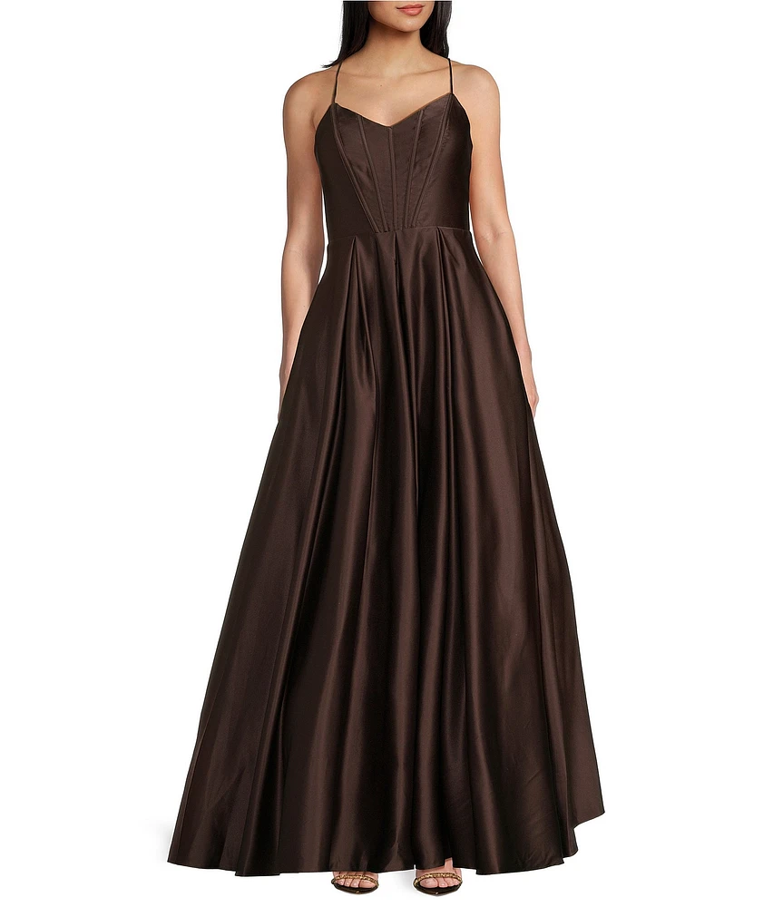 Blondie Nites V-Neck Spaghetti Strap Corset Tie Back Gown