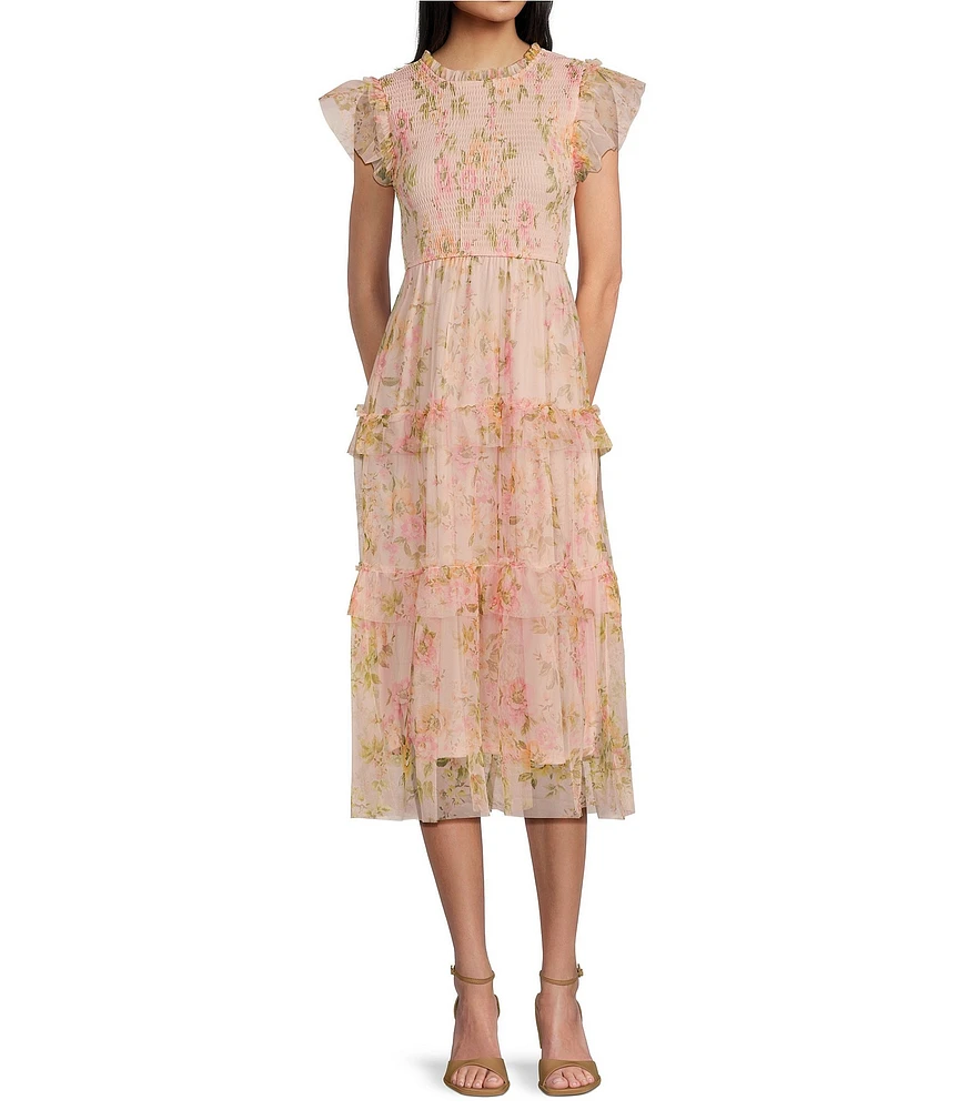 Blu Pepper Floral Print Mesh Round Neck Short Sleeve Smocked Midi Dress