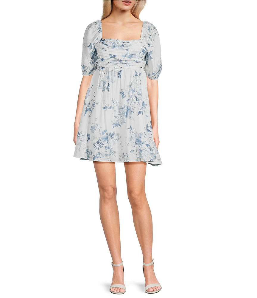 Blu Pepper Floral Print Short Puff Sleeve Babydoll Mini Dress