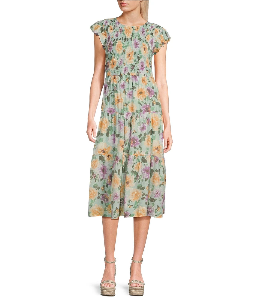 Blu Pepper Floral Print Short Sleeve Smocked Bodice Tiered Midi Dress