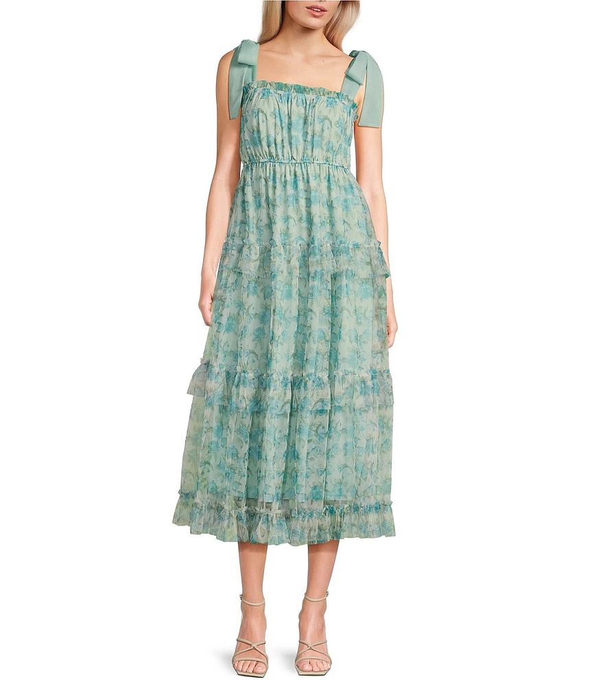 Blu Pepper Mesh Floral Print Sleeveless Tie Shoulder Tiered Midi Dress