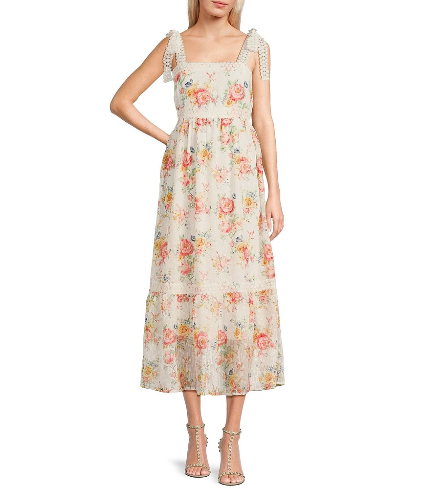 Blu Pepper Floral Print Square Neck Ribbon Tie Midi Dress