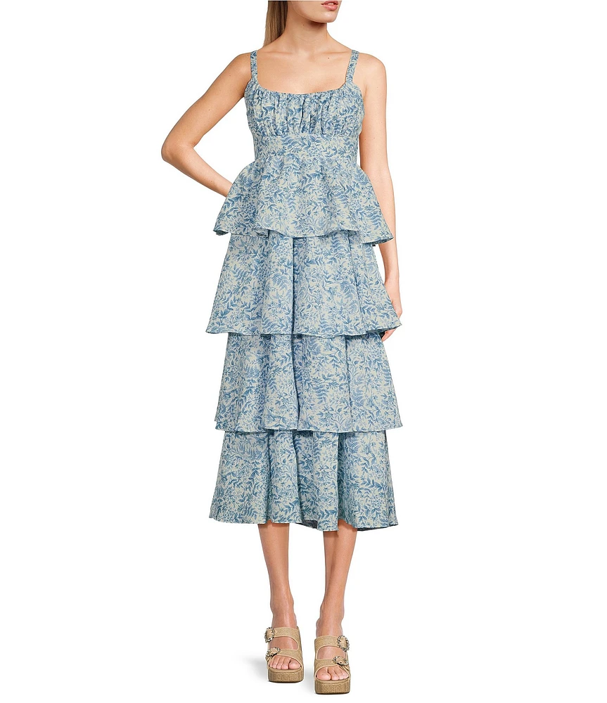 Blu Pepper Floral Print Square Neck Tie Back Layered Midi Dress