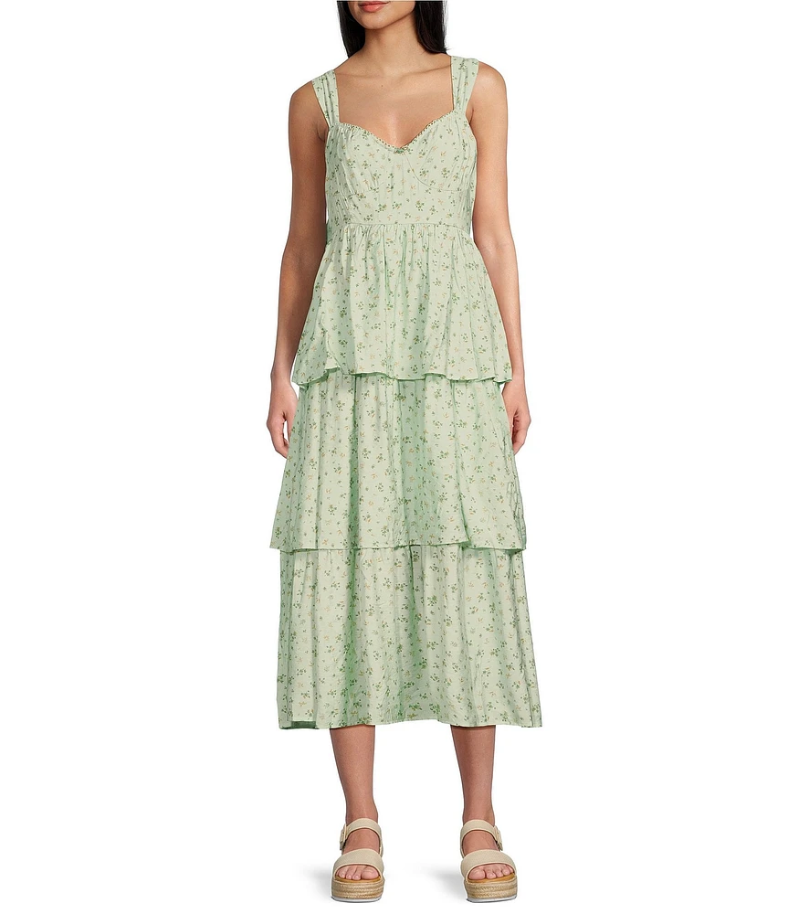 Blu Pepper Floral Print Sweetheart Neck Tiered Tie Bow Back Midi Dress