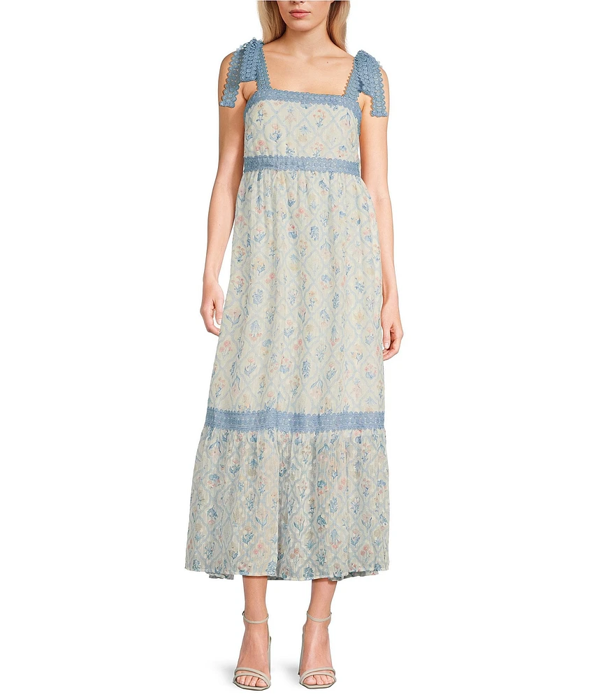Blu Pepper Floral/Diamond Print Tie Shoulder Square Neck Midi Dress