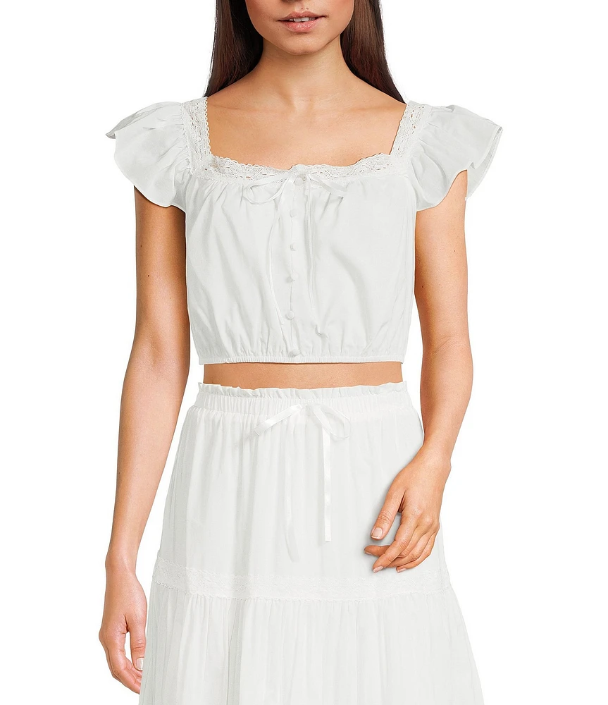 Blu Pepper Flutter-Sleeve Lace-Trimmed Crop Top