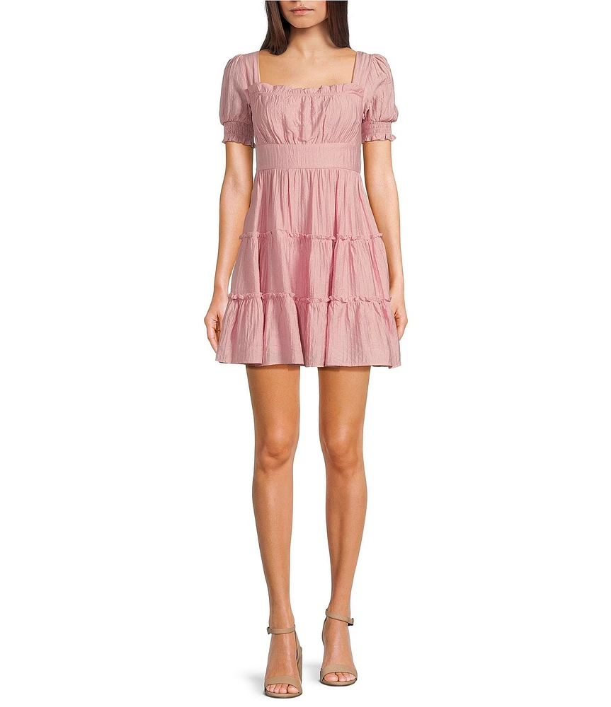 Blu Pepper Square Neck Short Puff Sleeve Tiered A-Line Mini Dress