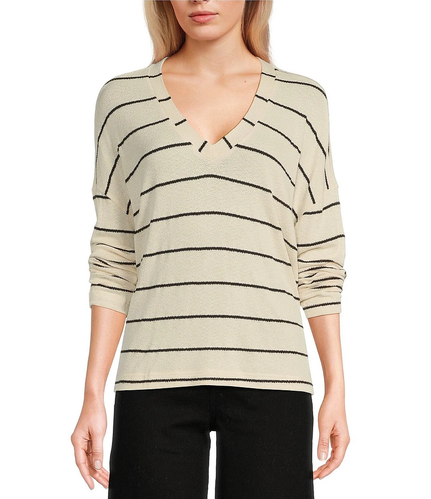 Blu Pepper Stripe V-Neck Drop Shoulder Long Sleeve Knit Top