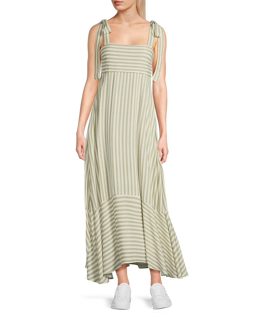 Blu Pepper Striped Square Neck Tie Shoulder Maxi Dress