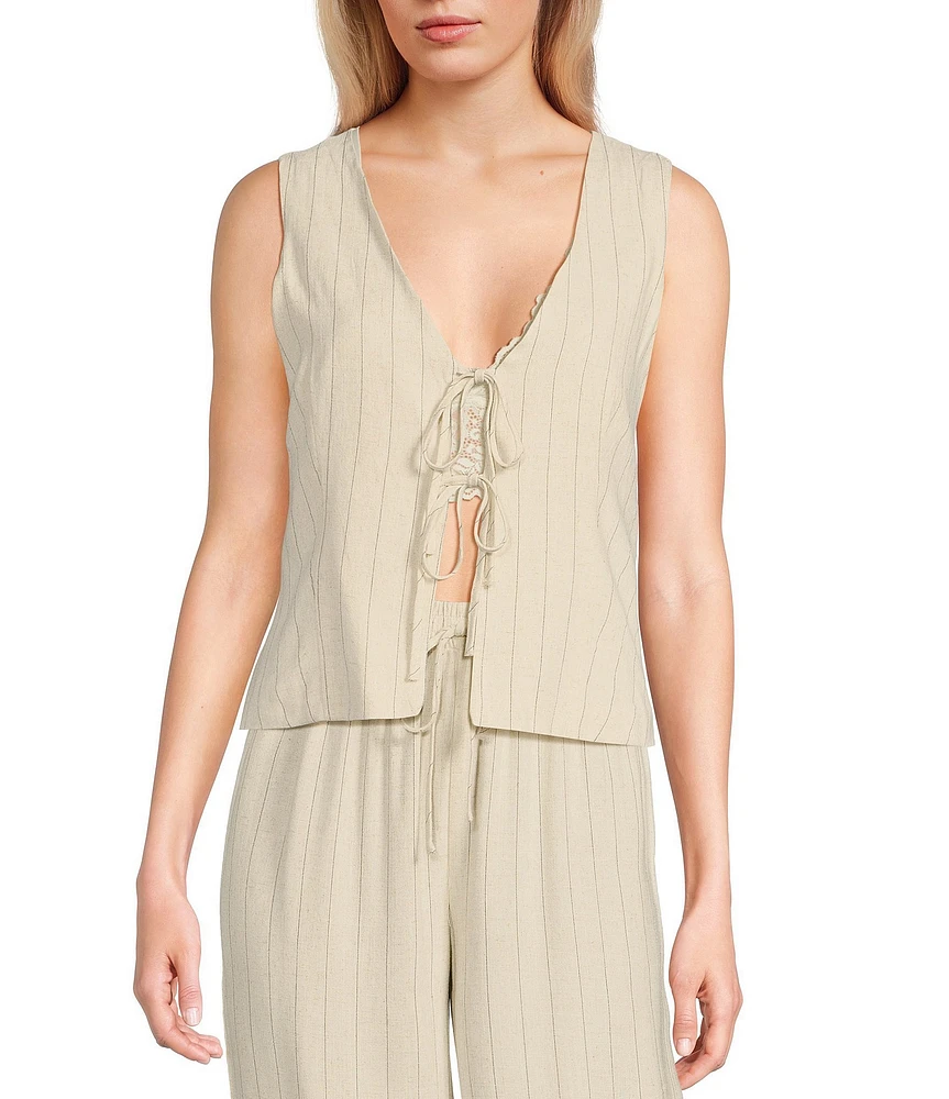 Blu Pepper Woven Striped V-Neck Tie Front Coordinating Vest Top