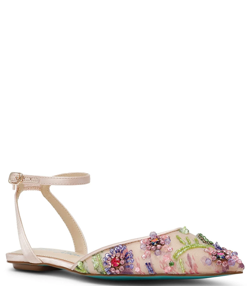 Blue by Betsey Johnson Garbo Beaded Mesh Ankle Strap Flats