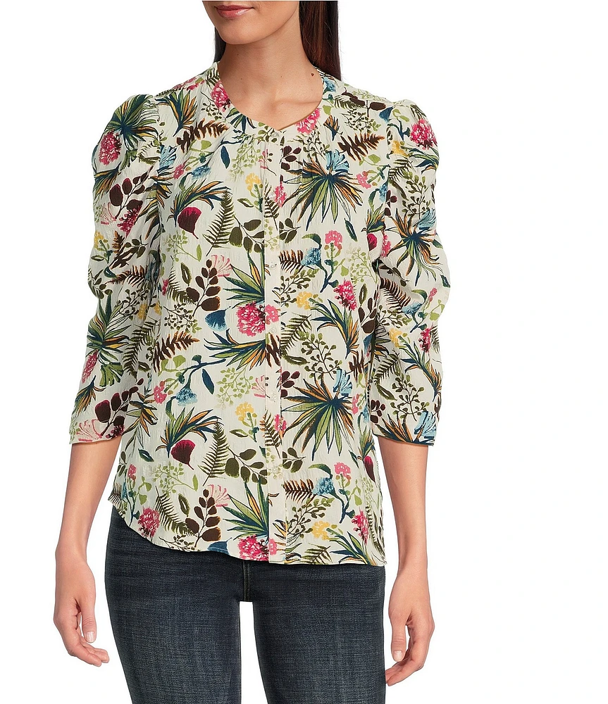 Bobeau Textured Woven Multi Floral Print Crew Neck 3/4 Puff Sleeve Button Front Top