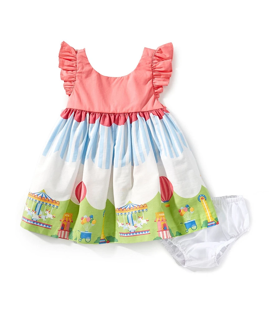 Bonnie Jean Baby Girls Flutter-Sleeve Solid Bodice/Carnival-Border-Printed-Skirted Fit-And-Flare Dress