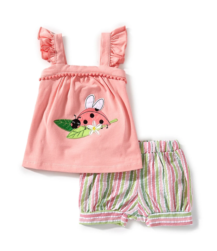 Bonnie Jean Baby Girls Ladybug Applique Top & Striped Seersucker Bubble Shorts Set