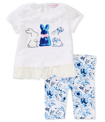 Bonnie Jean Baby Girls Short Sleeve Bunny-Appliqued T-Shirt & Floral-Printed Capri Leggings Set