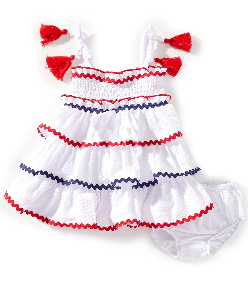 Bonnie Jean Baby Girls Tassel Tie Shoulder Seersucker Ric-Rac Trim Sundress