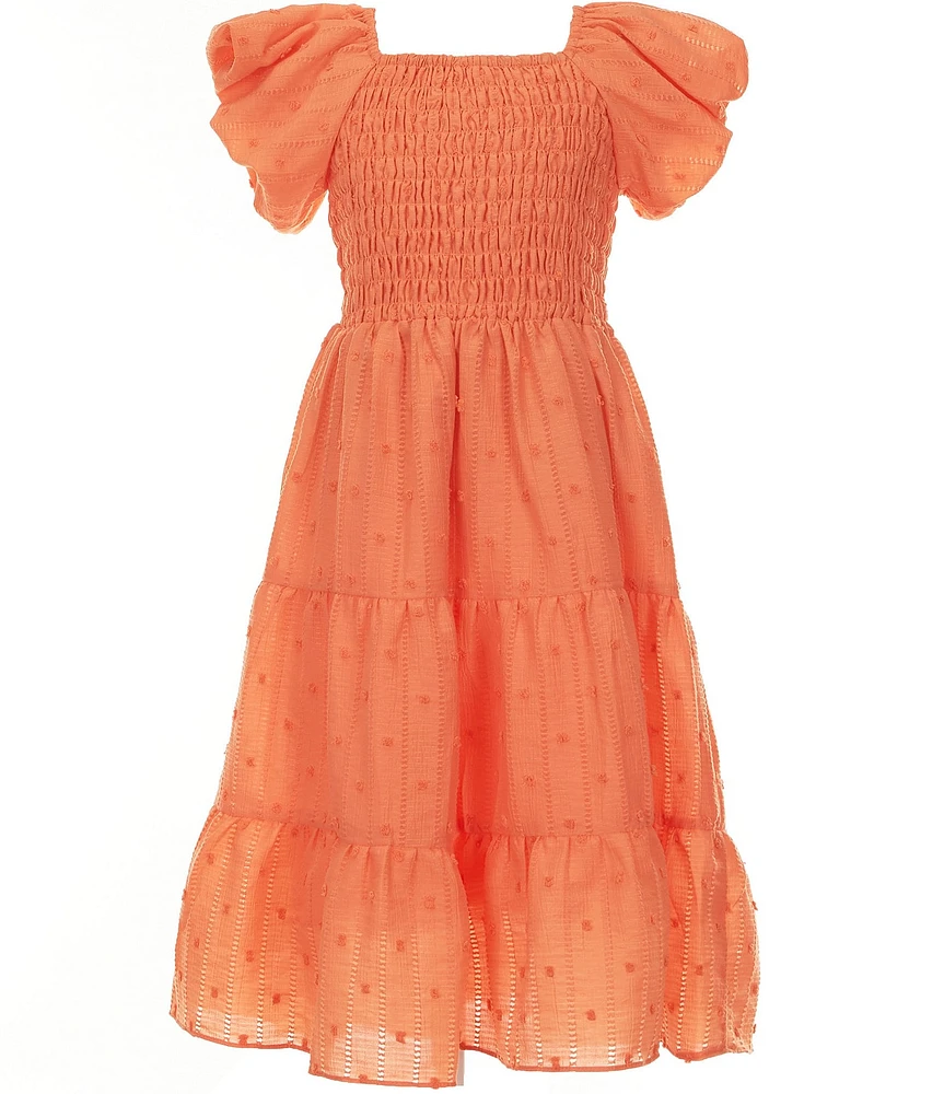 Bonnie Jean Big Girls Balloon-Sleeve Smocked-Bodice/Tiered-Skirted Textured Woven A-Line Dress