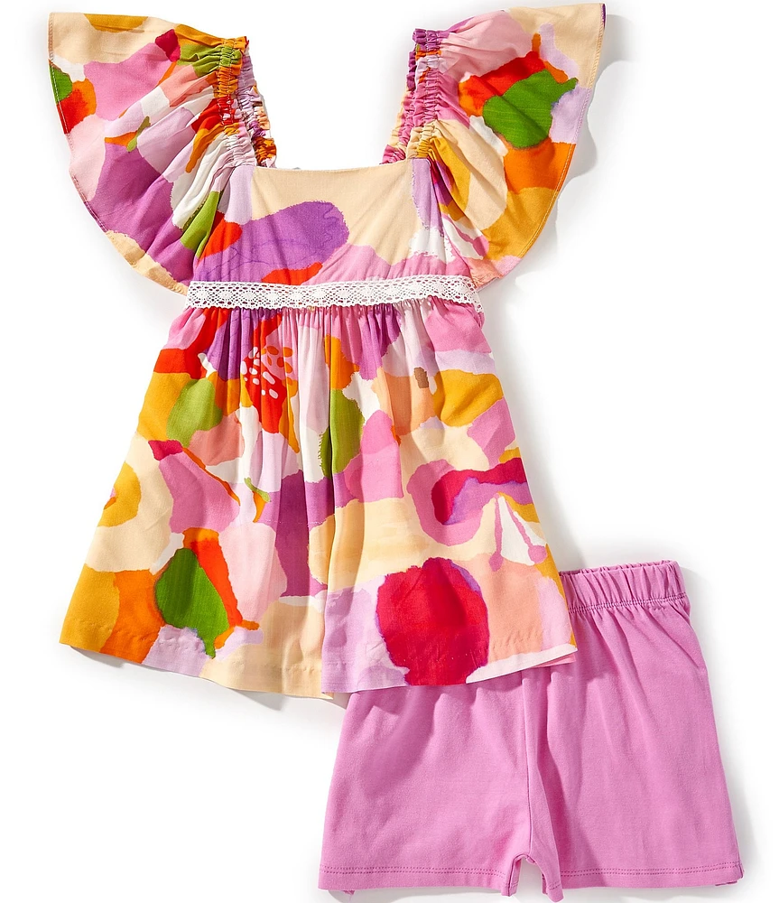 Bonnie Jean Big Girls Printed Bell Sleeve Peasant Lace Trim Top & Solid Knit Short