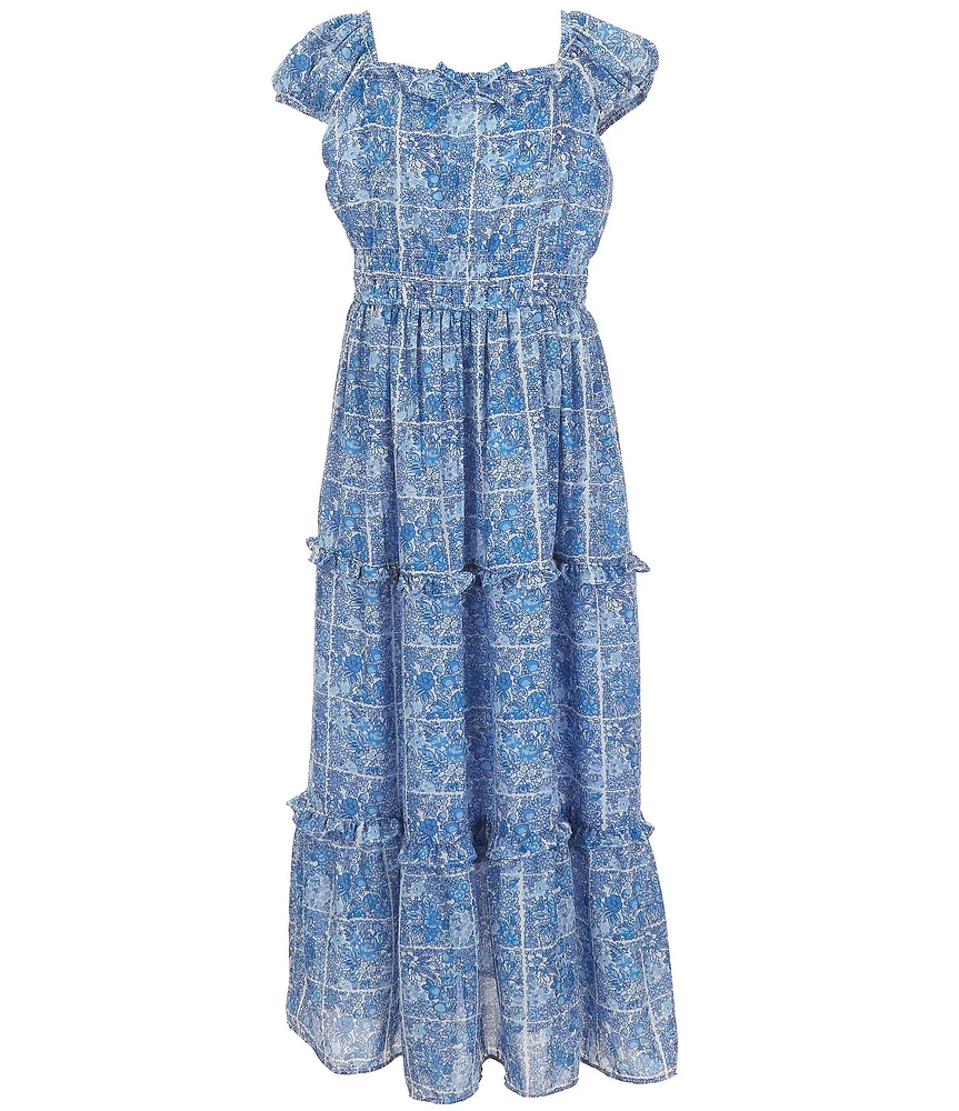 Bonnie Jean Big Girls Cap Sleeve Floral/Grid-Printed Tiered Long Peasant Dress