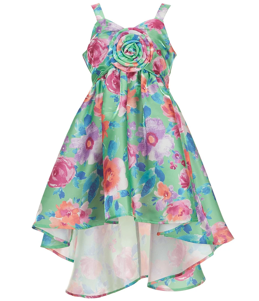 Bonnie Jean Big Girls Floral Print Shimmer Mikado Sweetheart Neckline High-Low Hem Dress