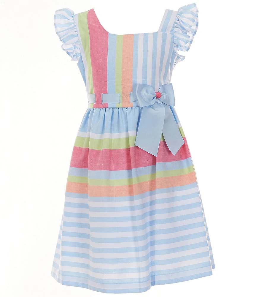 Bonnie Jean Big Girls Flutter-Sleeve Mixed-Media Thin/Wide-Stripe Fit-And-Flare Dress