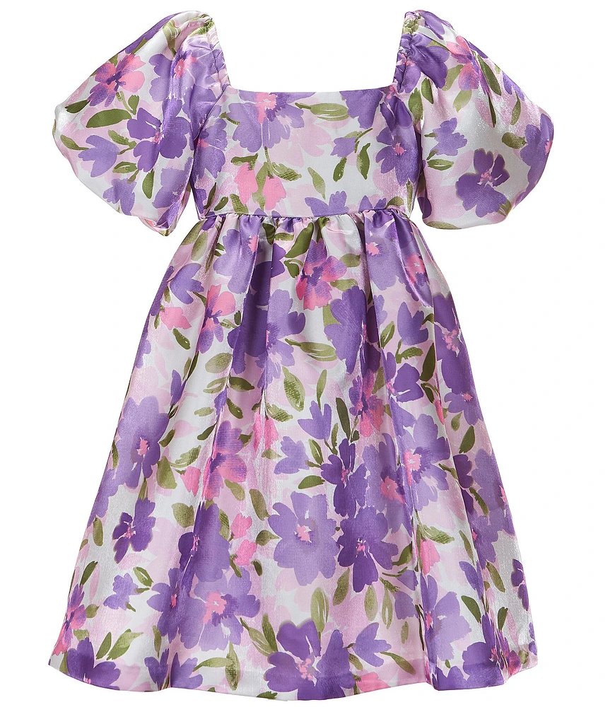 Bonnie Jean Big Girls Puffed-Sleeve Floral-Printed Satin Fit & Flare Dress