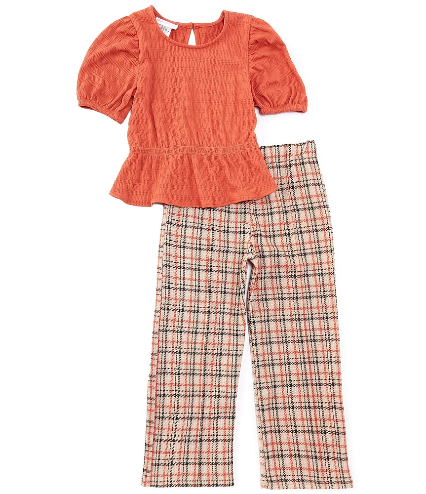 Bonnie Jean Big Girls Short-Sleeve Peplum-Hem Woven Peasant Top & Pintucked Wide-Leg Pant Set