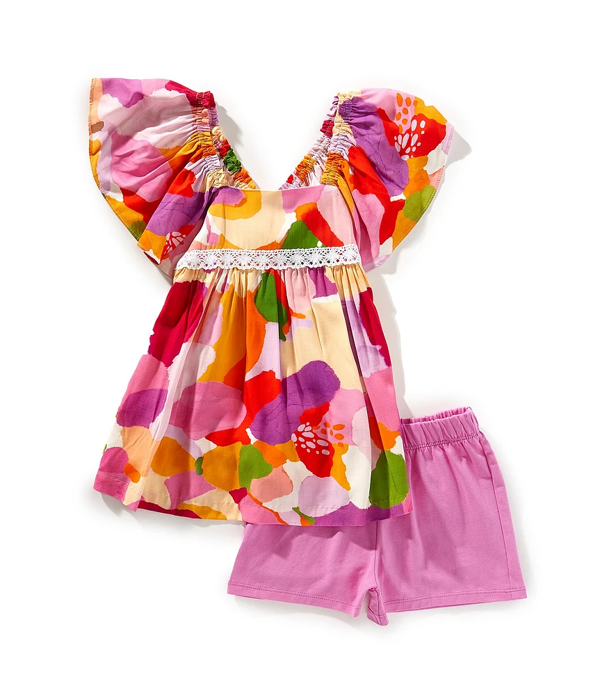 Bonnie Jean Little Girls Bell Sleeve Peasant Top With Lace Trim & Solid Knit Short