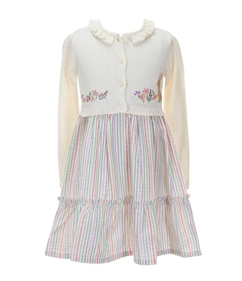 Bonnie Jean Little Girls Bunny/Floral-Embroidered Knit Cardigan & Striped Seersucker Fit & Flare Dress Set
