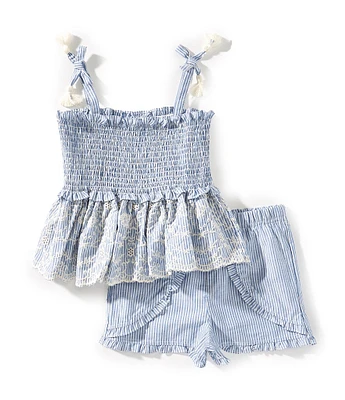 Bonnie Jean Little Girls Embroidered Chambray Striped Top & Matching Ruffle Shorts Set