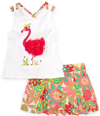 Bonnie Jean Little Girls Flamingo Applique Tank & Pleated Linen Floral Short Set