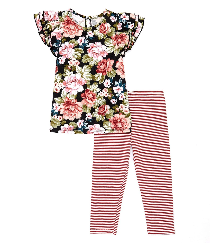 Bonnie Jean Little Girls Floral Print Triple Ruffle Short Sleeve & Stripe Legging 2-Piece Set