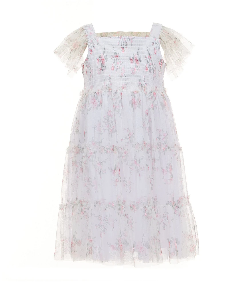 Bonnie Jean Little Girls Floral Print Flutter Sleeve Tiered Mesh Dress