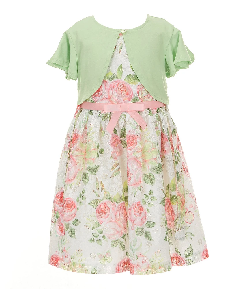 Bonnie Jean Little Girls Flutter-Sleeve Knit Cardigan & Sleeveless Floral-Printed Metallic Lace Fit & Flare Dress Set