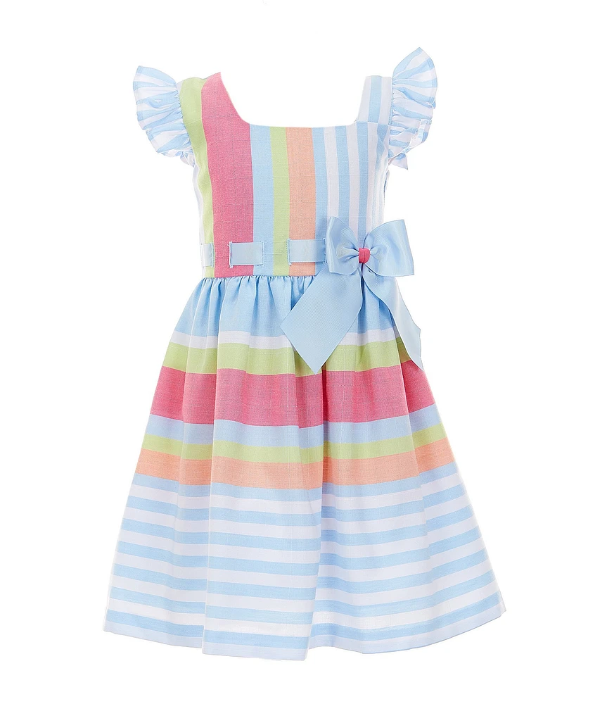 Bonnie Jean Little Girls Flutter-Sleeve Mixed-Media Thin/Wide-Stripe Fit & Flare Dress