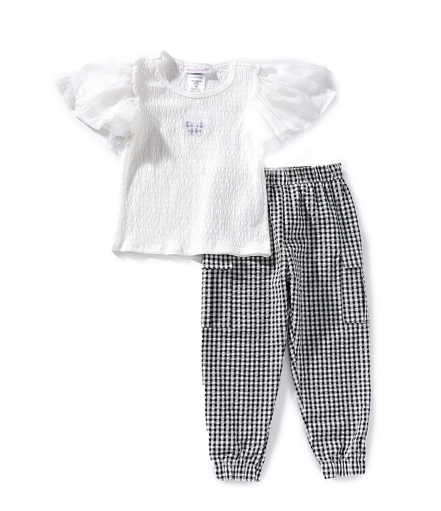 Bonnie Jean Little Girls Flutter-Sleeve Small Butterfly-Applique Top & Gingham-Printed Cargo Pant Set